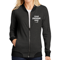 Sport Tek Women's Lightweight French Terry Bomber, Heather Black, Front view, Mockup