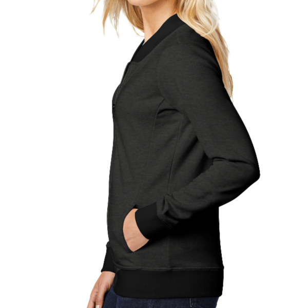 Sport Tek Women's Lightweight French Terry Bomber, Heather Black, Left Sleeve view