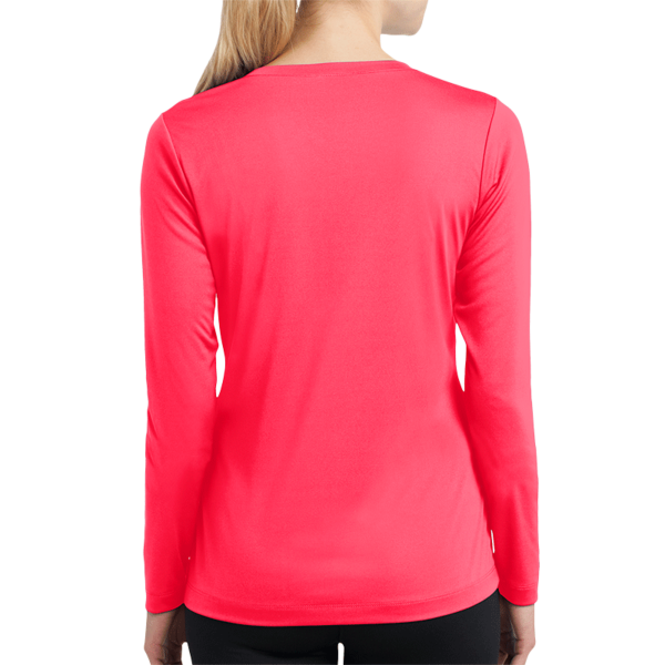 Sport Tek Women's Long Sleeve PosiCharge ® Competitor V Neck Tee, Hot Coral, Back view