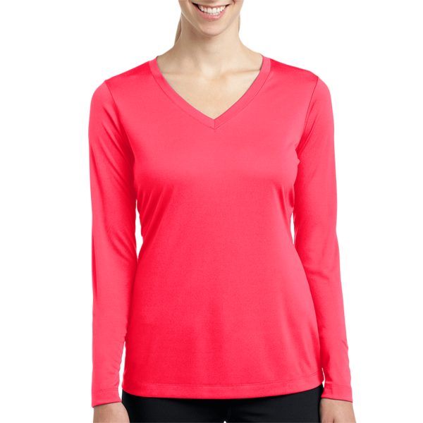 Sport Tek Women's Long Sleeve PosiCharge ® Competitor V Neck Tee, Hot Coral, Front view