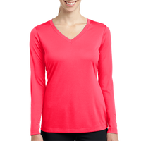 Sport Tek Women's Long Sleeve PosiCharge ® Competitor V Neck Tee, Hot Coral, Front view
