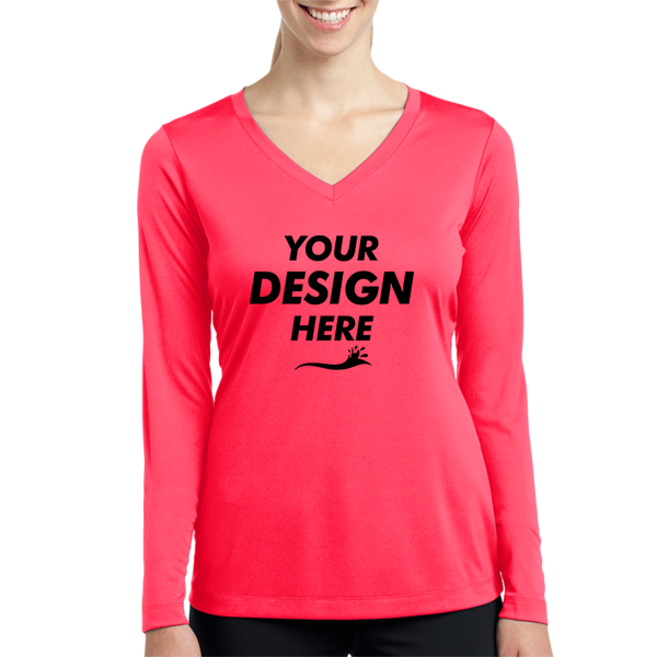 Sport Tek Women's Long Sleeve PosiCharge ® Competitor V Neck Tee, Hot Coral, Front view, Mockup