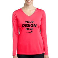 Sport Tek Women's Long Sleeve PosiCharge ® Competitor V Neck Tee, Hot Coral, Front view, Mockup