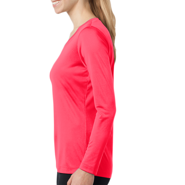 Sport Tek Women's Long Sleeve PosiCharge ® Competitor V Neck Tee, Hot Coral, Left Sleeve view