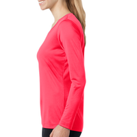 Sport Tek Women's Long Sleeve PosiCharge ® Competitor V Neck Tee, Hot Coral, Left Sleeve view