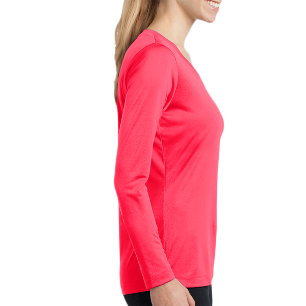 Sport Tek Women's Long Sleeve PosiCharge ® Competitor V Neck Tee, Hot Coral, Right Sleeve view