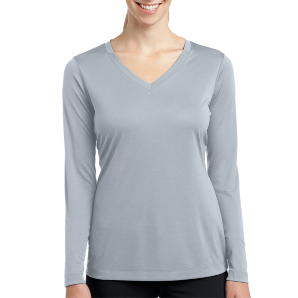 Sport Tek Women's Long Sleeve PosiCharge ® Competitor V Neck Tee, Silver, Front view