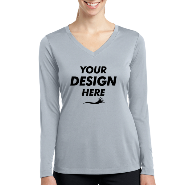Sport Tek Women's Long Sleeve PosiCharge ® Competitor V Neck Tee, Silver, Front view, Mockup