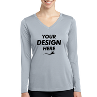 Sport Tek Women's Long Sleeve PosiCharge ® Competitor V Neck Tee, Silver, Front view, Mockup