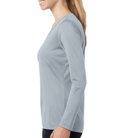Sport Tek Women's Long Sleeve PosiCharge ® Competitor V Neck Tee, Silver, Left Sleeve view
