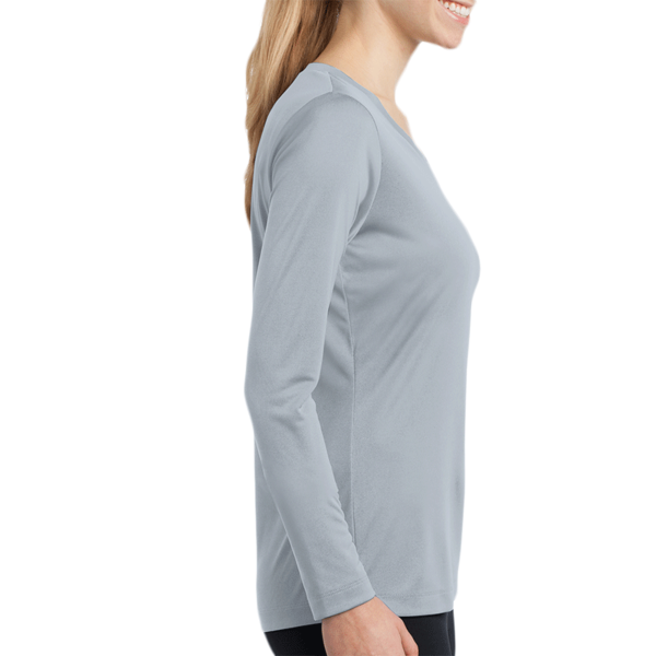 Sport Tek Women's Long Sleeve PosiCharge ® Competitor V Neck Tee, Silver, Right Sleeve view