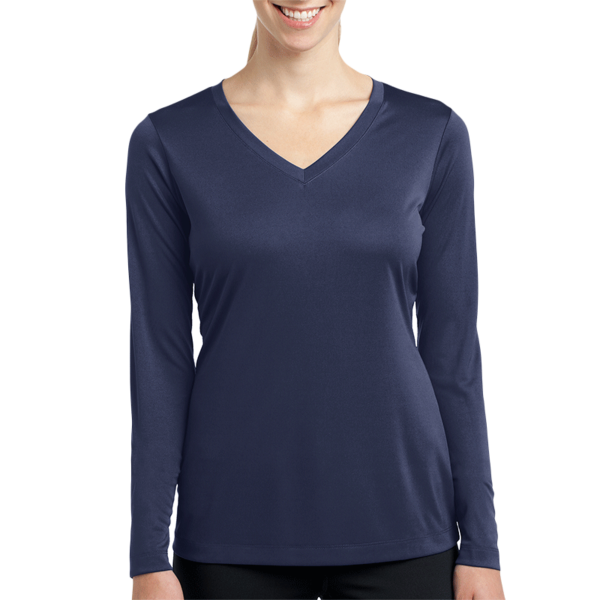 Sport Tek Women's Long Sleeve PosiCharge ® Competitor V Neck Tee, True Navy, Front view