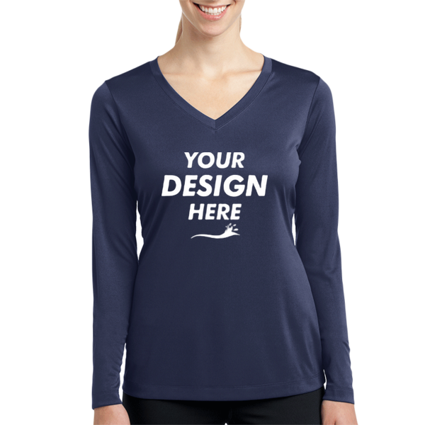 Sport Tek Women's Long Sleeve PosiCharge ® Competitor V Neck Tee, True Navy, Front view, Mockup