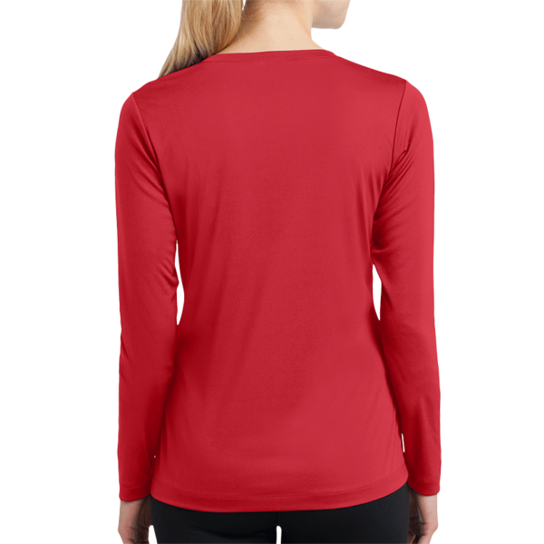Sport Tek Women's Long Sleeve PosiCharge ® Competitor V Neck Tee, True Red, Back view