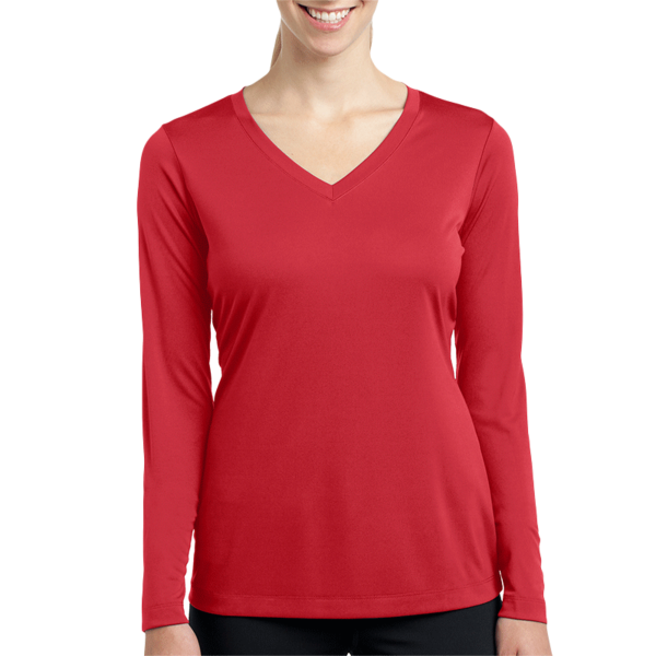 Sport Tek Women's Long Sleeve PosiCharge ® Competitor V Neck Tee, True Red, Front view