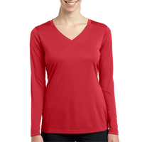 Sport Tek Women's Long Sleeve PosiCharge ® Competitor V Neck Tee, True Red, Front view