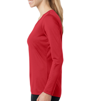 Sport Tek Women's Long Sleeve PosiCharge ® Competitor V Neck Tee, True Red, Left Sleeve view