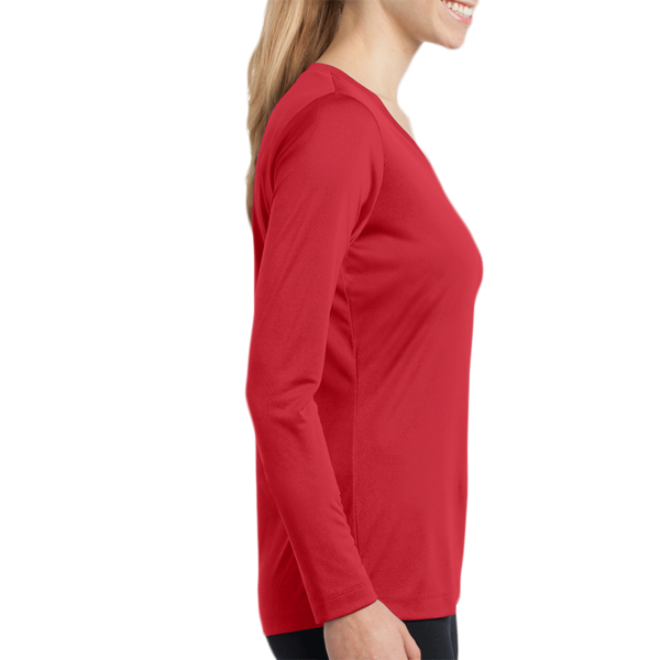 Sport Tek Women's Long Sleeve PosiCharge ® Competitor V Neck Tee, True Red, Right Sleeve view