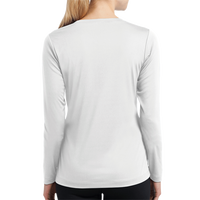 Sport Tek Women's Long Sleeve PosiCharge ® Competitor V Neck Tee, White, Back view