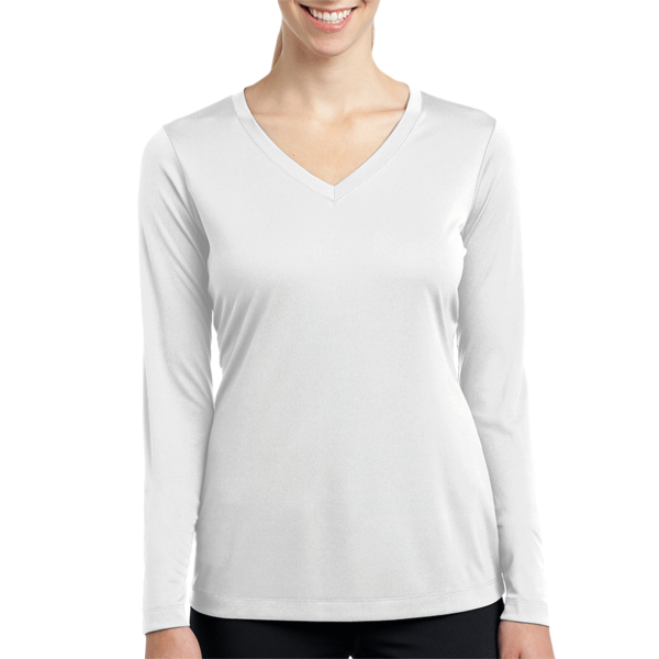 Sport Tek Women's Long Sleeve PosiCharge ® Competitor V Neck Tee, White, Front view