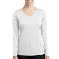 Sport Tek Women's Long Sleeve PosiCharge ® Competitor V Neck Tee, White, Front view