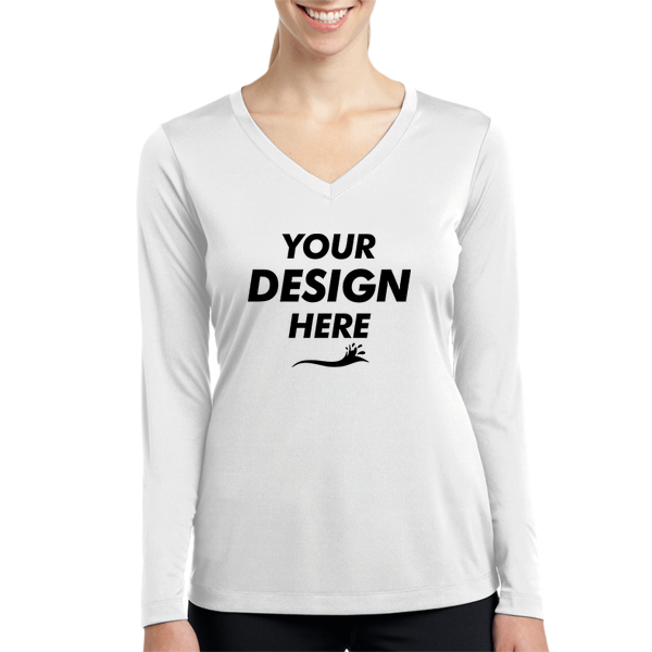 Sport Tek Women's Long Sleeve PosiCharge ® Competitor V Neck Tee, White, Front view, Mockup
