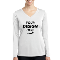 Sport Tek Women's Long Sleeve PosiCharge ® Competitor V Neck Tee, White, Front view, Mockup