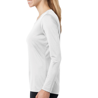 Sport Tek Women's Long Sleeve PosiCharge ® Competitor V Neck Tee, White, Left Sleeve view