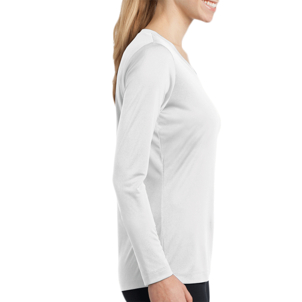 Sport Tek Women's Long Sleeve PosiCharge ® Competitor V Neck Tee, White, Right Sleeve view