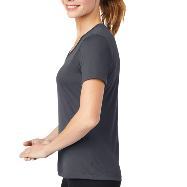 Sport Tek Women's PosiCharge ® Competitor V Neck Tee, Iron Grey, Left Sleeve view