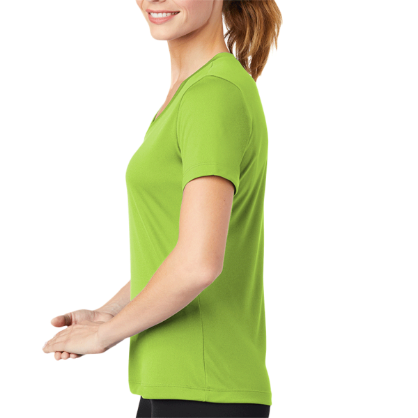Sport Tek Women's PosiCharge ® Competitor V Neck Tee, Lime Shock, Left Sleeve view