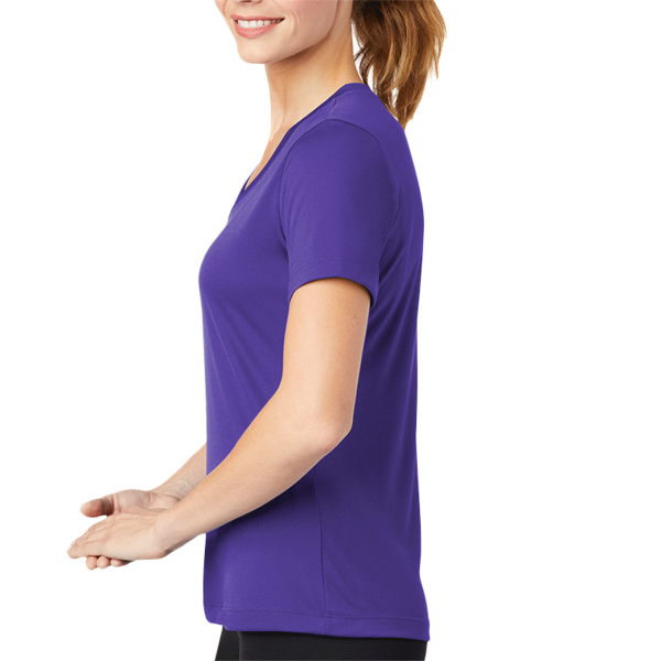Sport Tek Women's PosiCharge ® Competitor V Neck Tee, Purple, Left Sleeve view