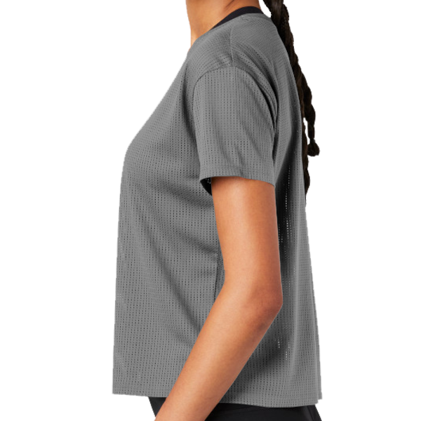 Sport Tek Women's PosiCharge ® Draft Crop Tee, Dark Grey, Left Sleeve view