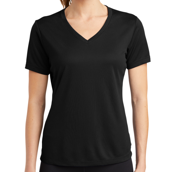 Sport Tek Women's PosiCharge ® RacerMesh ® V Neck Tee, Black, Front view