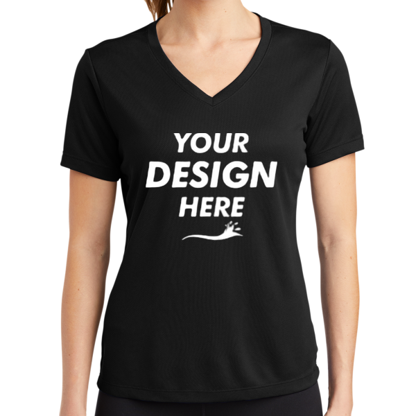Sport Tek Women's PosiCharge ® RacerMesh ® V Neck Tee, Black, Front view, Mockup