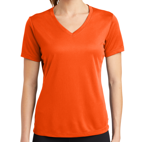 Sport Tek Women's PosiCharge ® RacerMesh ® V Neck Tee, Neon Orange, Front view