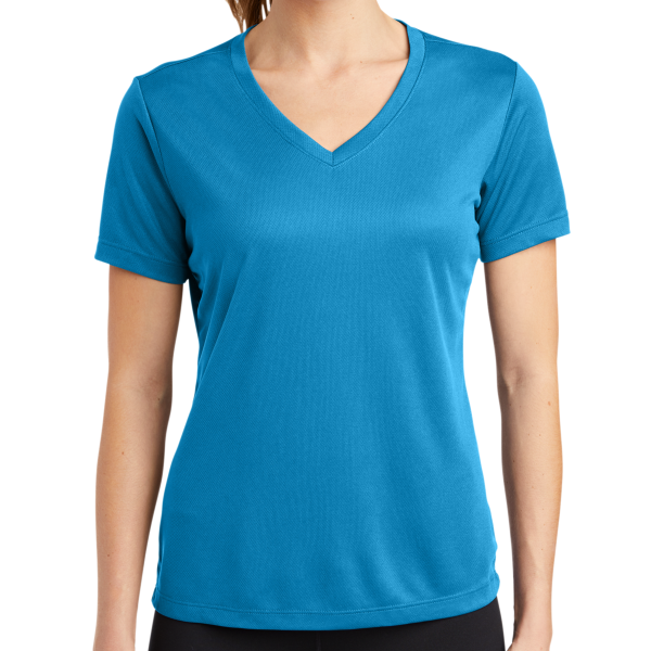Sport Tek Women's PosiCharge ® RacerMesh ® V Neck Tee, Pond Blue, Front view