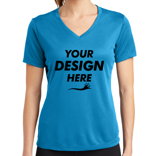 Sport Tek Women's PosiCharge ® RacerMesh ® V Neck Tee, Pond Blue, Front view, Mockup