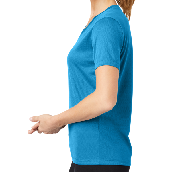 Sport Tek Women's PosiCharge ® RacerMesh ® V Neck Tee, Pond Blue, Left Sleeve view