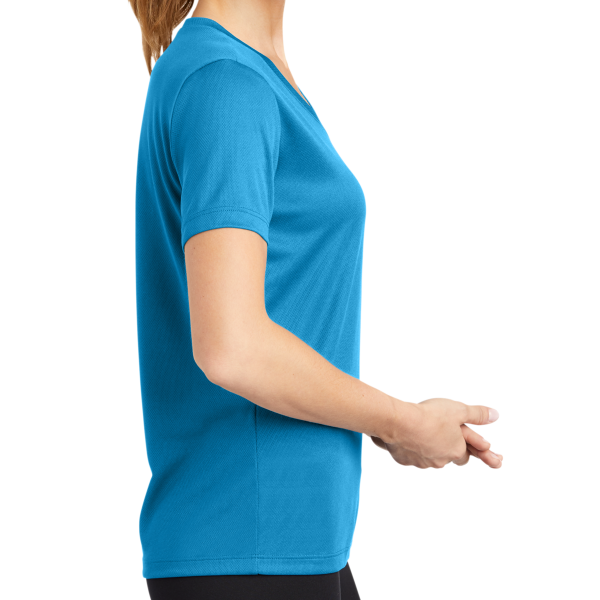 Sport Tek Women's PosiCharge ® RacerMesh ® V Neck Tee, Pond Blue, Right Sleeve view