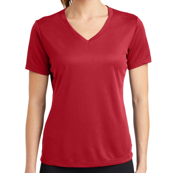 Sport Tek Women's PosiCharge ® RacerMesh ® V Neck Tee, True Red, Front view