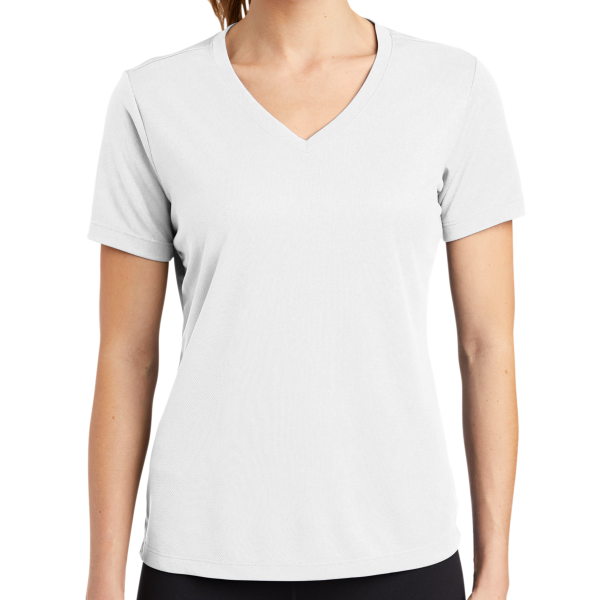 Sport Tek Women's PosiCharge ® RacerMesh ® V Neck Tee, White, Front view
