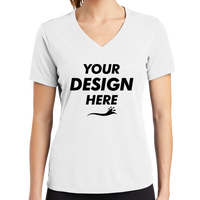 Sport Tek Women's PosiCharge ® RacerMesh ® V Neck Tee, White, Front view, Mockup