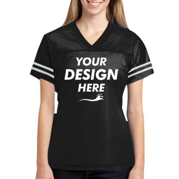 Sport Tek Women's PosiCharge ® Replica Jersey, Black / White, Front view, Mockup