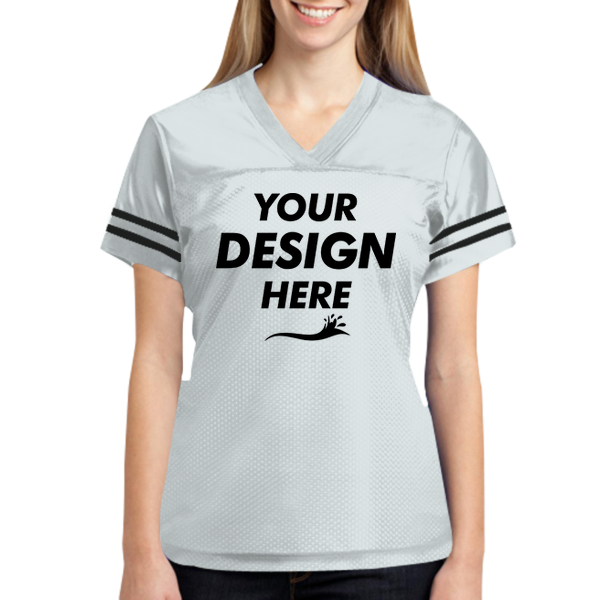 Sport Tek Women's PosiCharge ® Replica Jersey, White / Black, Front view, Mockup