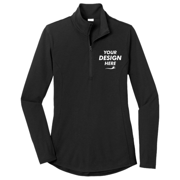 Sport Tek Women's PosiCharge ® Tri Blend Wicking 1/4 Zip Pullover, Black Triad Solid, Front view, Mockup