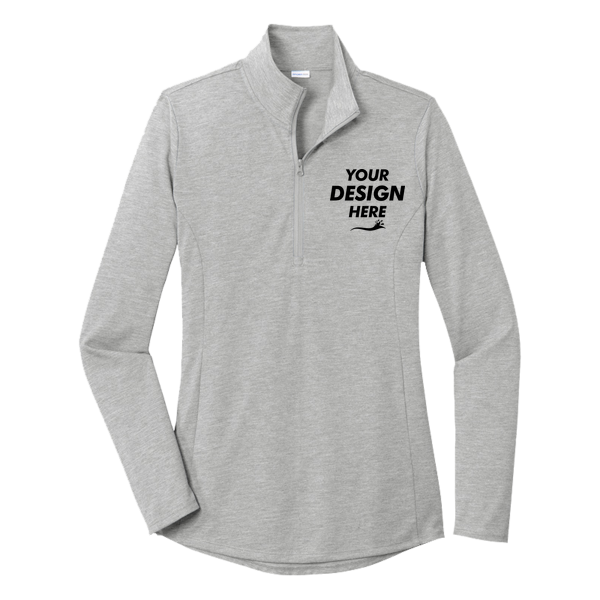 Sport Tek Women's PosiCharge ® Tri Blend Wicking 1/4 Zip Pullover, Light Grey Heather, Front view, Mockup