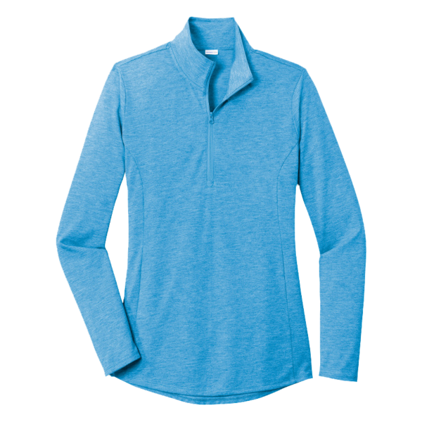 Sport Tek Women's PosiCharge ® Tri Blend Wicking 1/4 Zip Pullover, Pond Blue Heather, Front view