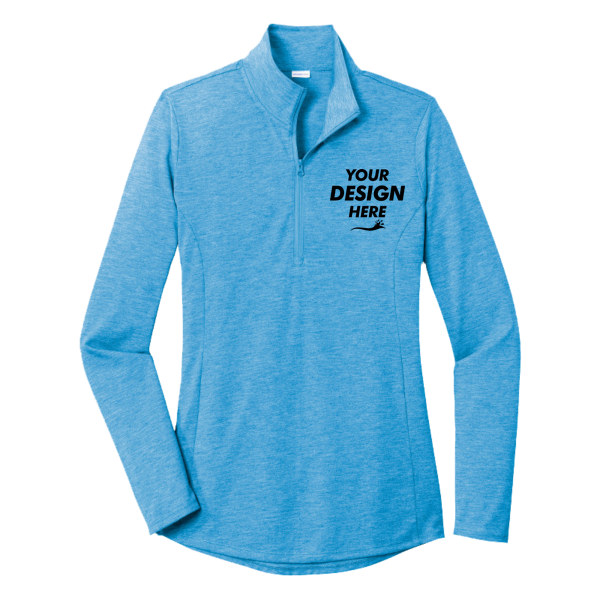 Sport Tek Women's PosiCharge ® Tri Blend Wicking 1/4 Zip Pullover, Pond Blue Heather, Front view, Mockup