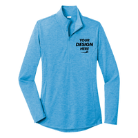 Sport Tek Women's PosiCharge ® Tri Blend Wicking 1/4 Zip Pullover, Pond Blue Heather, Front view, Mockup